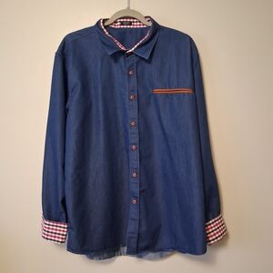 Coofandy Denim Long Sleeve Shirt  Plaid Cuffs And Color Accent Size XL